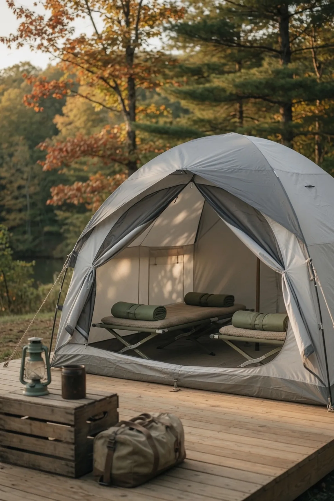 A dome tent on a wooden deck with two cots and rolled sleeping pads, in a golden-hour West Virginia forest.