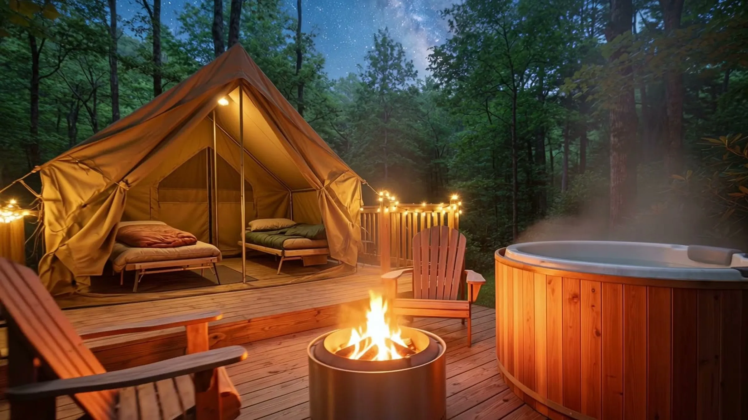 Concept rendering of an Ara glamping deck at night: a canvas tent with string lights, a fire pit, and a wood-fired hot tub steaming beneath a starry sky.