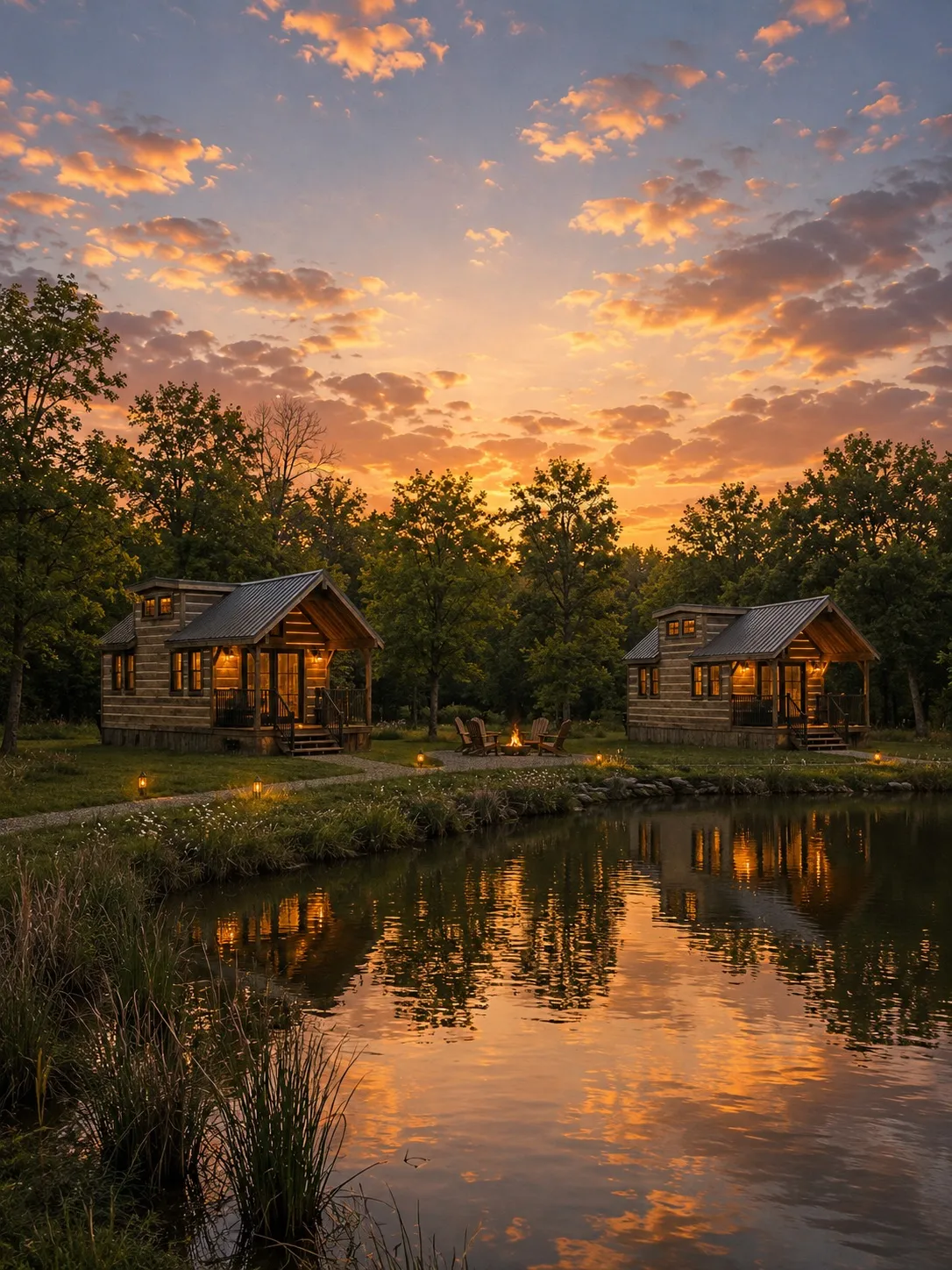 Concept rendering of Ara Retreats at golden hour: lantern-lit cabins beside a still pond, a campfire glowing, string lights mirrored on the water.