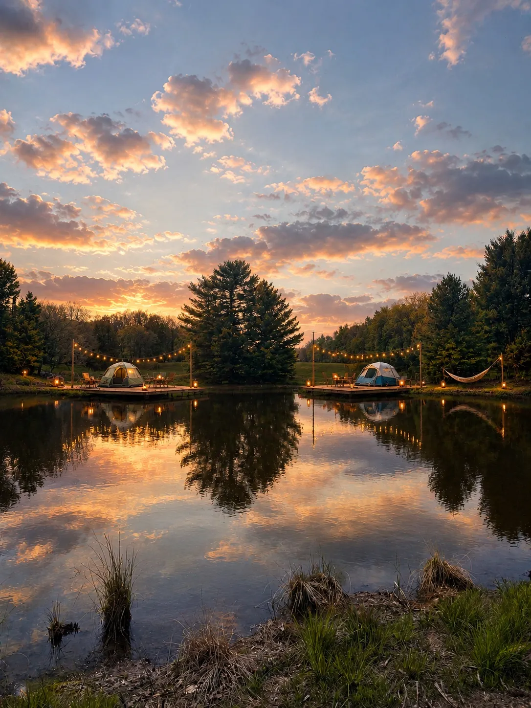 Concept rendering of lakeside premium tent decks at golden hour, with string lights reflected in calm water and a hammock by the shore.