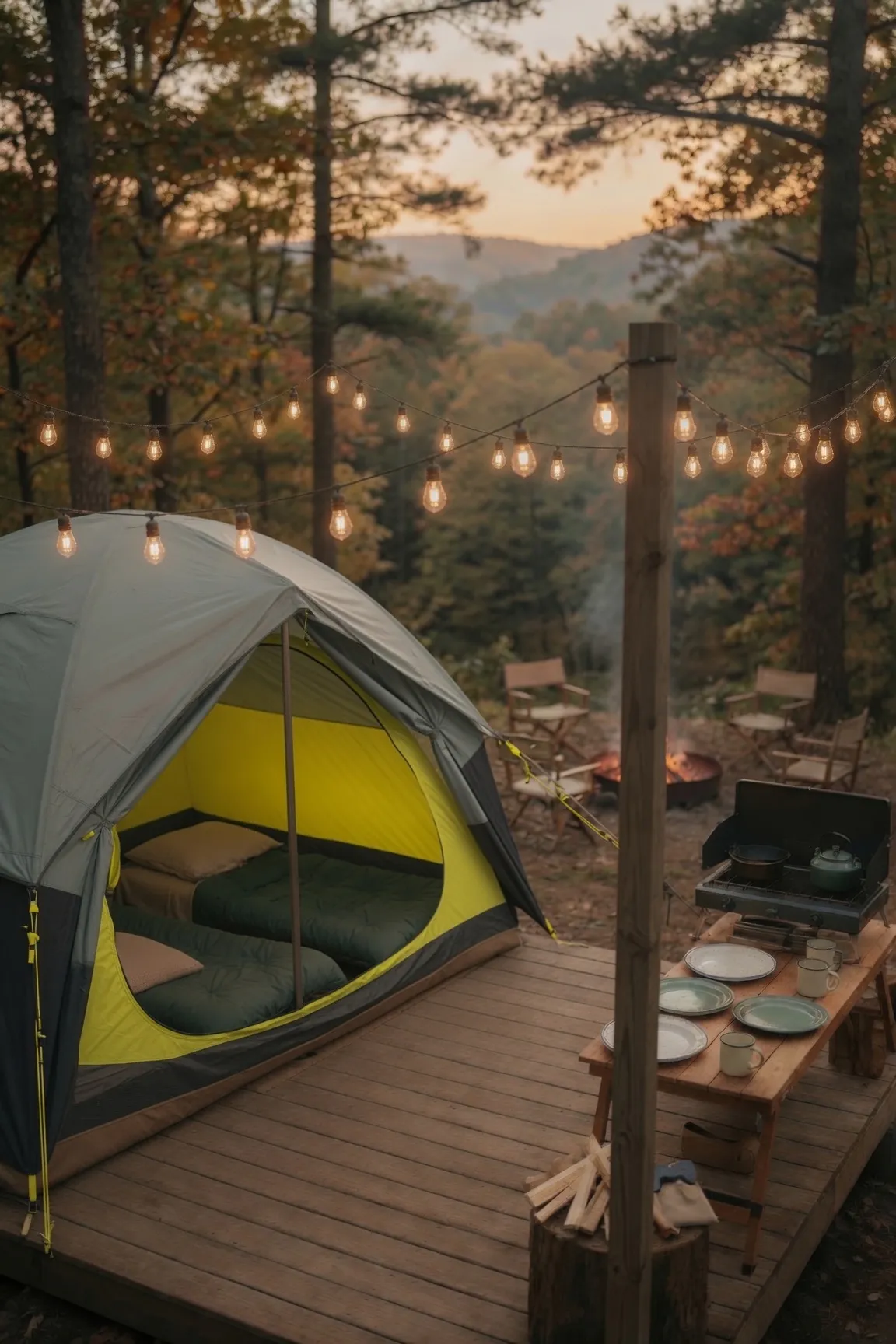 A fully outfitted camp at dusk: a dome tent with bedding and pillows, string lights overhead, a set table with dishware, and a fire above a New River Gorge overlook.