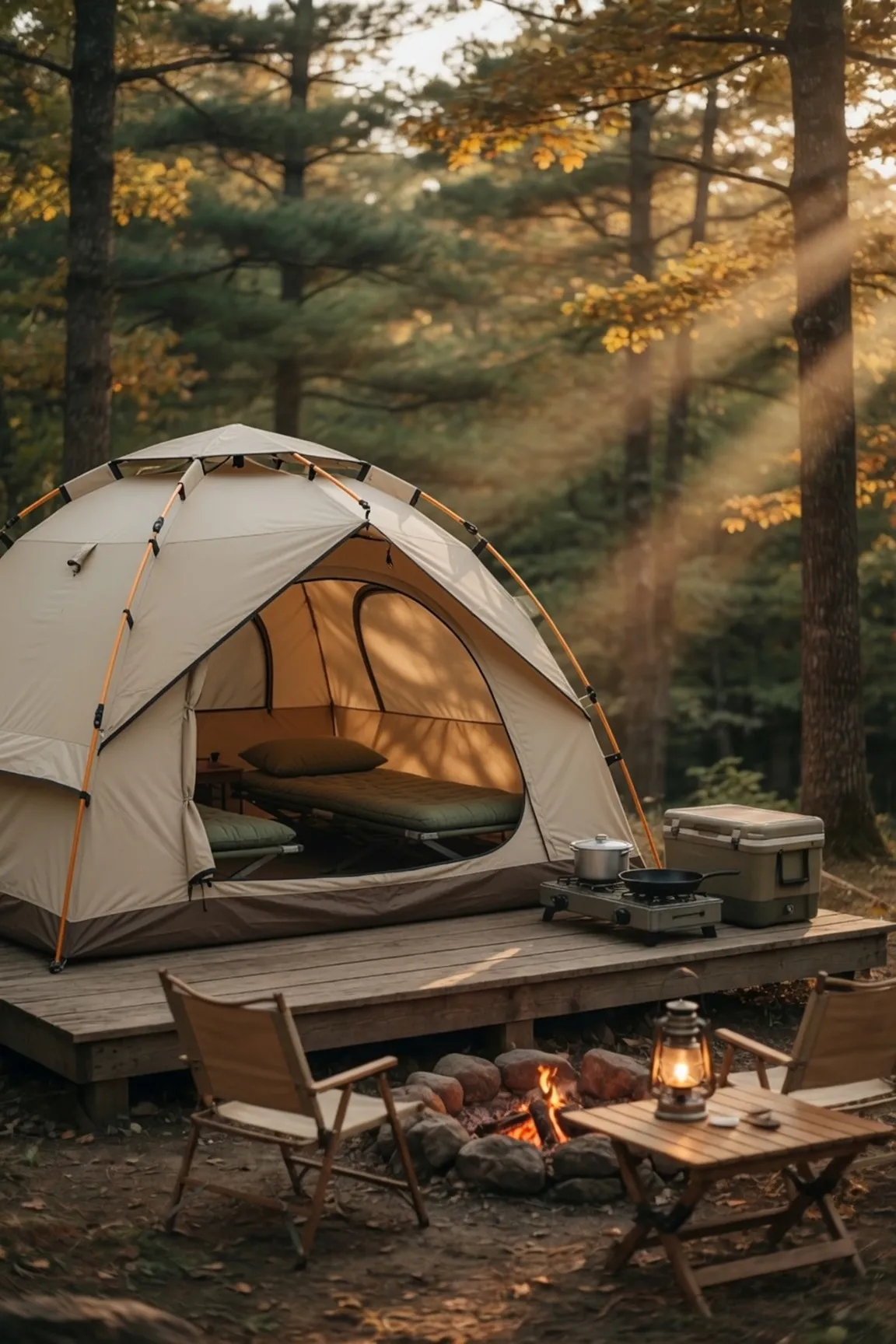 A forest camp with a dome tent, two-burner stove, cookware, cooler, camp chairs, and a lantern beside a fire at dusk.